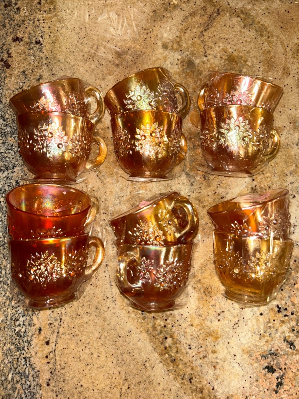 RARE SET OF 12! Vintage MARIGOLD Iridescent Amber Carnival Glass Teacup Set